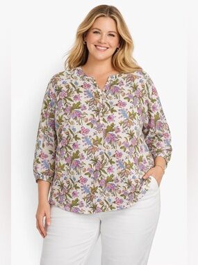 Talbots 3X Petite Bird Floral Cotton Popover Blouse Cottagecore Garden Top 3XP